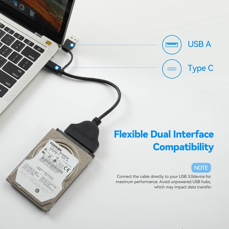 FANBLACK 2-in-1 SATA to USB Cable 0.75ft, USB-C/USB-A 3.0 to SATA III Hard Driver Adapter Compatible for 2.5 inch HDD and SSD External Converter(23cm) - Image 2